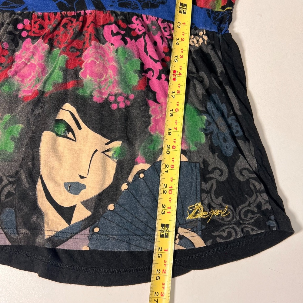Desigual Geisha Floral Top Women L Black Harajuku Long Sleeve V-Neck Boho Y2K - Picture 4 of 6